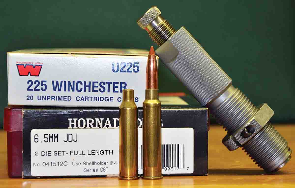 The 6.5 JDJ is formed by using the Hornady full-length resizing die with a tapered expander button to neck up the .225 Winchester case (left) for .264-inch bullets. Fireform the case and a handloader has the 6.5 JDJ with a bit less body taper and  a 40-degree shoulder.